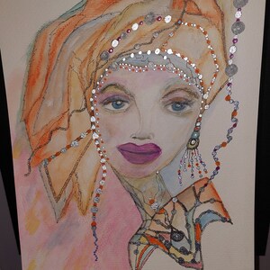 Ragazza acquerello e schizzo a penna/Busto di donna OPERA D'ARTE/Decorazione da parete scintillante ingioiellata/ Illustrazione di un bel viso/Regalo di accento domestico/Muro della galleria
