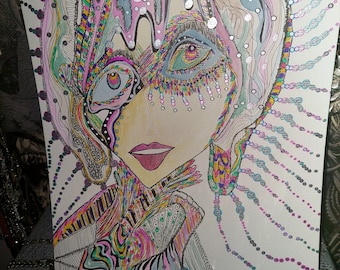 Elaborate Sparkly ORIGINAL Artwork/Zentangle Style Face/Unique Colorful Figurative Wall Decor/Geometric Sketch/Funky Pastel ART/Cool gift