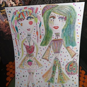 HARAJUKU GIRLS/Originale Tecnica Mista Acquerello/Belle Lolitas/Fashionista/Decorazione da Parete/Schizzo Disegnato a Mano/Colorato Divertimento Elegante/Amici Carini