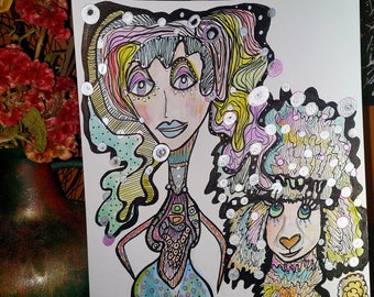 Poodle Artwork/Girl with Dog Wall Décor/ Original Mixed Media Illustration/ Kitschy Fun ART for Pet Owner/ Whimsical Puppy with Fashionista