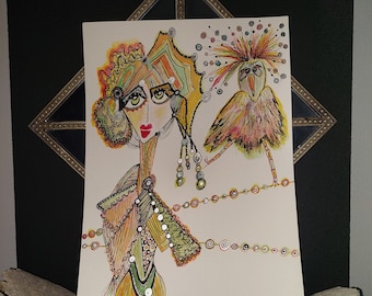 Original Watercolor Sketch Boho Girl with Bird Wall Décor Niche Artwork Whimsical Wall hanging for Bird Lover Colorful Art for Home Décor