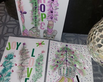 Handmade Christmas cards Postcard Style Holiday Card Limited Edition Keepsake Gift for Loved One Seasonal Hand painted Artsy Sparkly  3 PACK