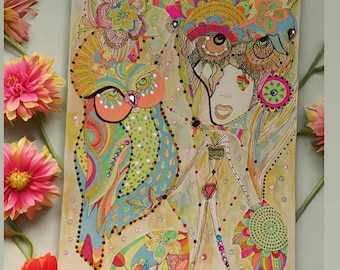 Cutecore OWL Collage Art/Girly Aesthetic Animal Sketch/Fashion Illustration/Colorful Owl/Eclectic Whimsical Wall Décor/Rainbow Doodle Art