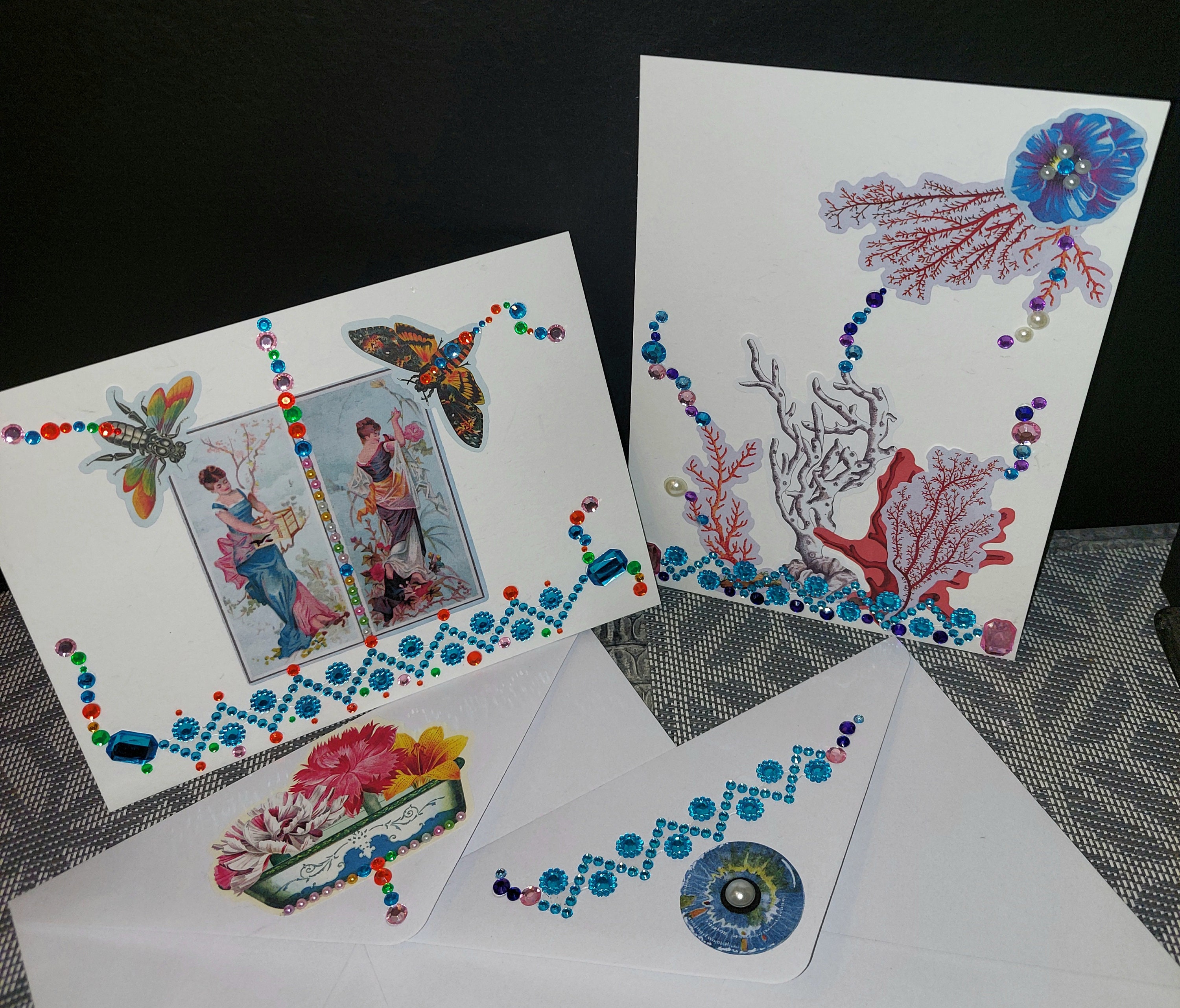 Handmade Embellished Note Cards: Boho Collage Art with Envelopes