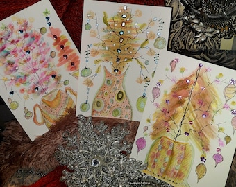 Handmade Holiday Cards Christmas  Seasonal  Groovy Artsy Greeting card Limited Edition Hand Painted Keepsake ART GIFT for special occasion