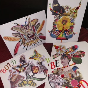 Tarjetas de felicitación hechas a mano, paquete de 4 tarjetas de recuerdo de edición limitada para amigos y familiares, tarjetas florales bohemias, regalo de papel ecléctico elegante, artístico