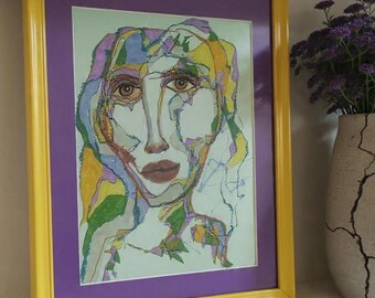 Original Figurative Portrait: Contemporary Geometric Sketch/ Color Block Line Art/Modern Abstract Face Illustration/ Unique Wall Décor
