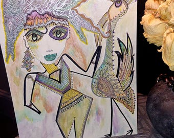 Mixed Media Watercolor ARTWORK Girl Whimsical Wall Decor Bird WALL hanging Colorful Quirky ART Pet Gift for Home Fashionable Woman Quirky