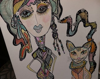CAT LOVER Art Original Watercolor & Pen Wall Décor GLAMOUR Puss Pet Painting for Cat Mom Artwork Unique Kitschy Fashion Art Fun Kitty cat