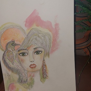 Acquerello Arte Tecnica Mista Boho Decorazione da PARETE RAGAZZA con UCCELLO Arazzo da parete per la casa o come regalo Schizzo originale Ragazza Boho e Uccello Arte unica