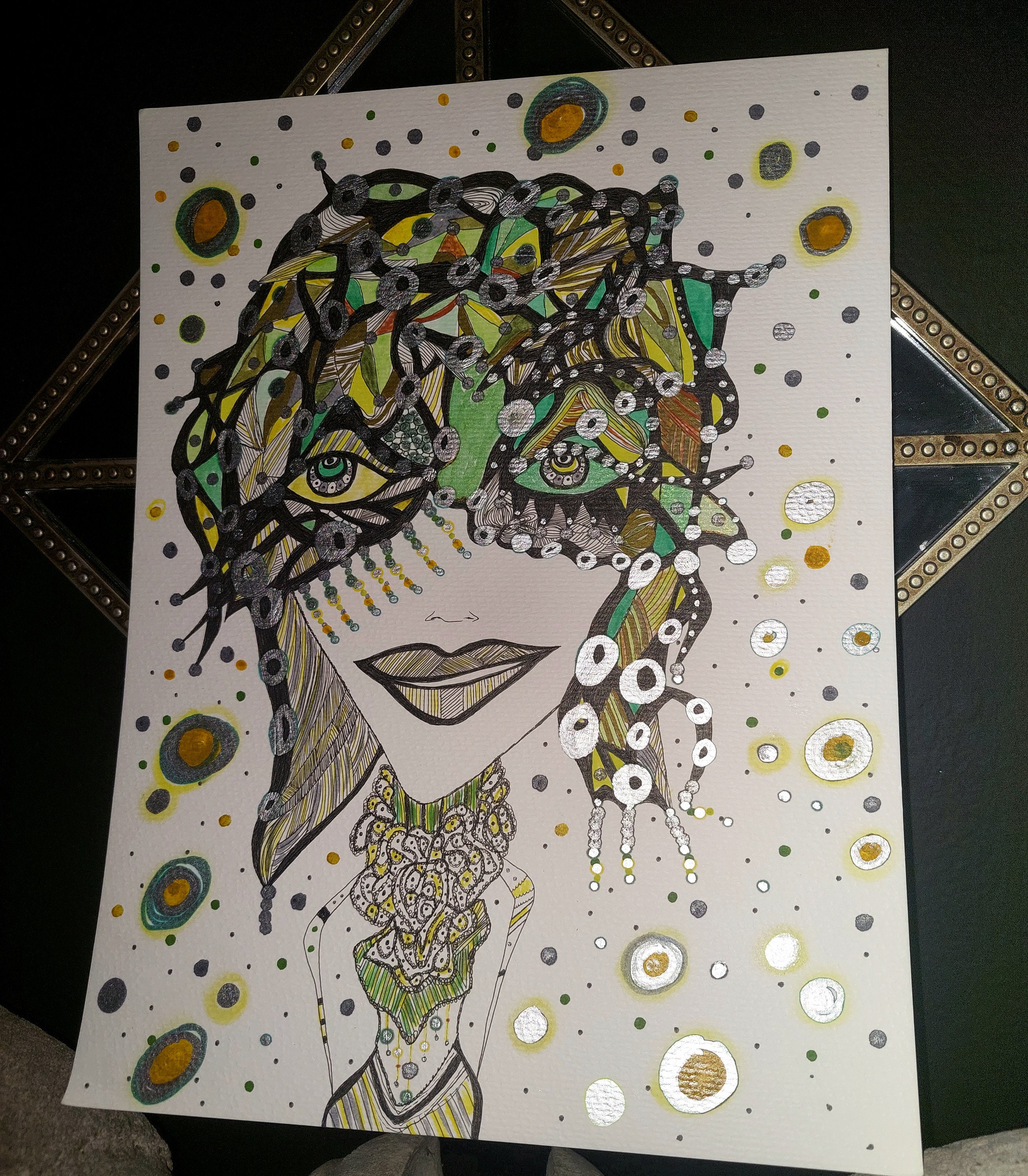 Groovy Green Goddess Art: Geometric Face Illustration