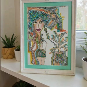 Boho Girl Drawing: Mid-Century Modern Abstract Plant Art/Cool Plant Mom Artwork/ Original Mixed Media Illustration