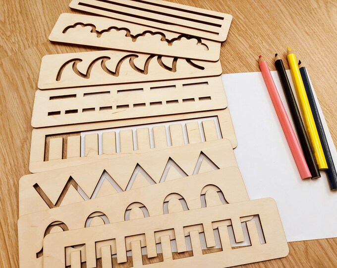 Set stencil Montessori in legno per bambini, Giocattolo educativo per bambini, Set stencil in legno