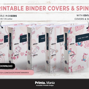 Personalized Printable Binder Covers & Spines | Editable Covers + Spines | 5 Designs, 3 Sizes, 5 Spines | Instant Download | Cute animals
