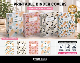 Abstract Binder Covers | Editable Memphis Pattern Covers and Spines | A4, A5, US Letter
