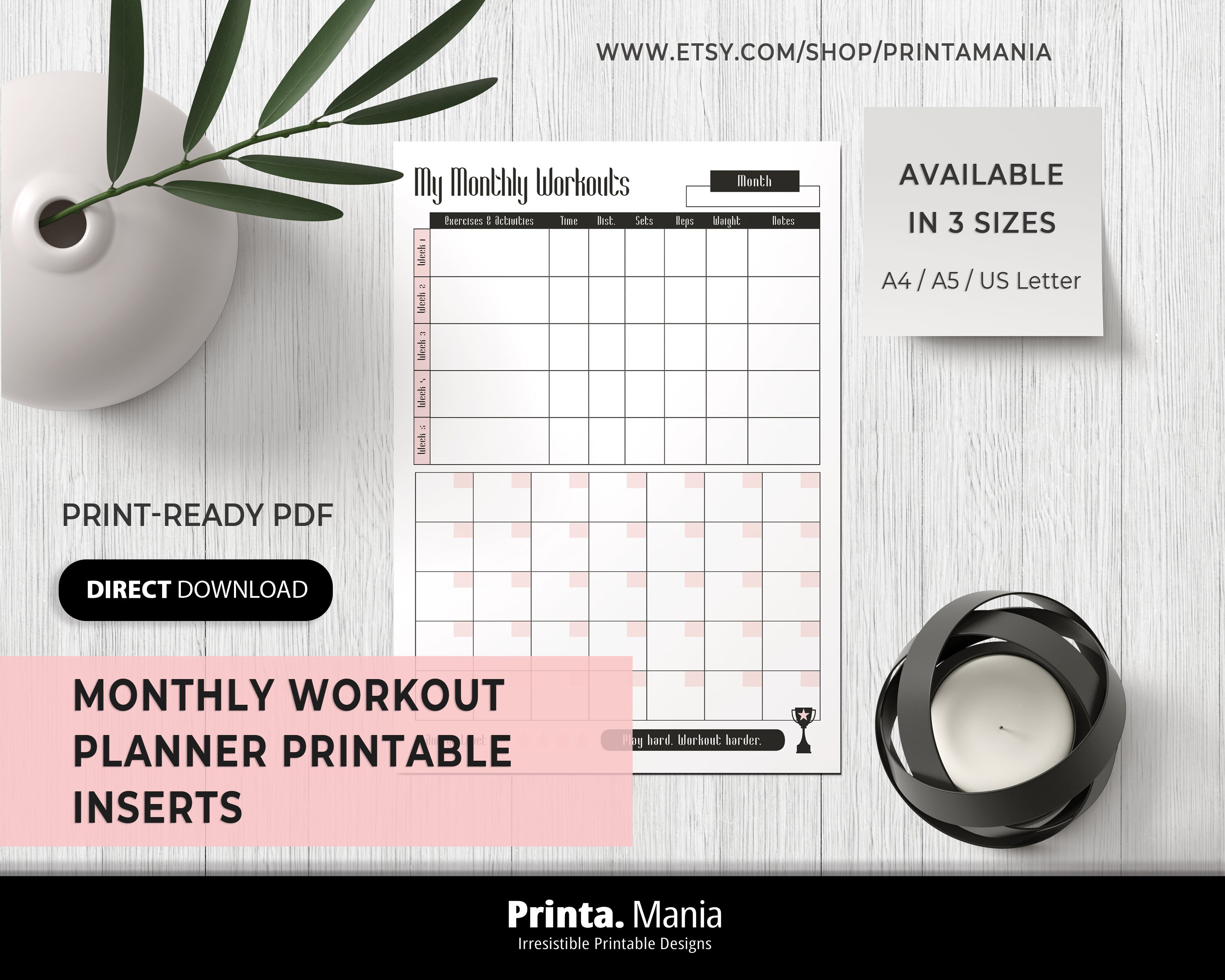 Workout Planner Printable A4, A5, US Letter Fitness Planner, Weekly ...