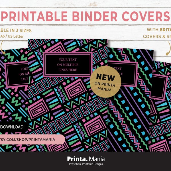 Personalized Binder Covers & Spines Printable | Editable Covers + Spines | 4 Designs, 3 Sizes, 5 Spines | Instant Download | Neon, Tribal