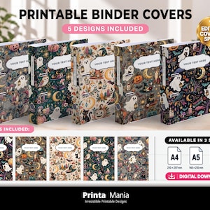 May include: Five printable binder covers featuring Halloween-themed patterns with ghosts, pumpkins, owls, and moons. Each cover includes a white label area with the text YOUR TEXT HERE. The set is available in A4, A5, and US Letter sizes as a digital download.