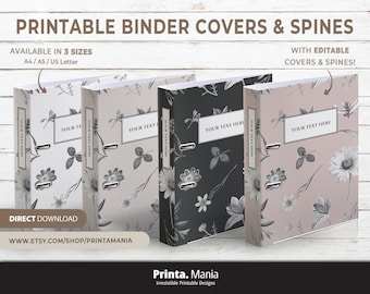 Blooming Flowers, Floral Pattern | Personalized Binder Covers Printable Set, Editable Covers & Spines | 3 Sizes, 5 Spines, Customizable Size