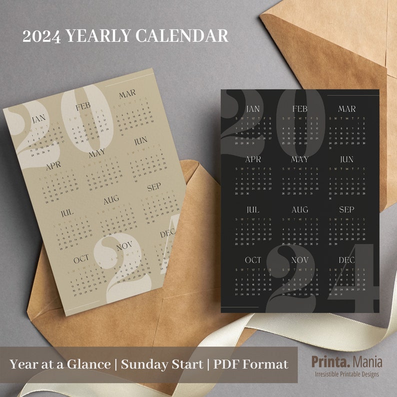 2024 Yearly Calendar Printable, 2024 at A Glance, Vertical, Yearly