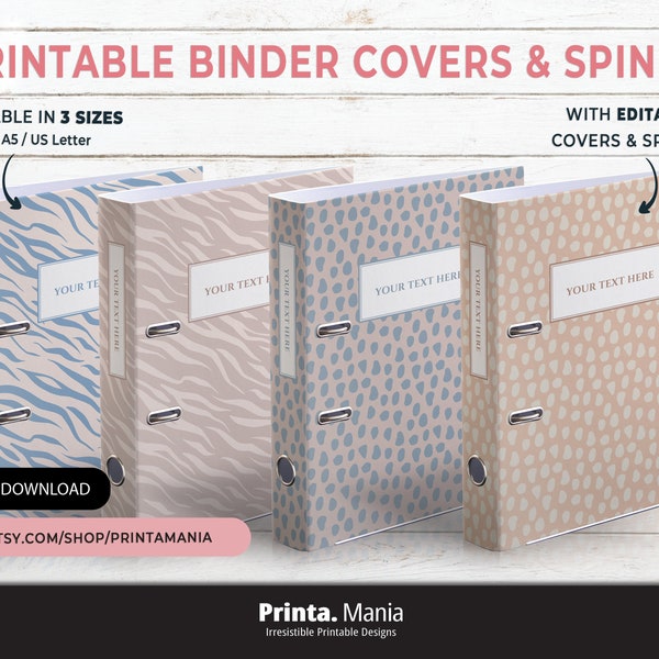 Printable School Binder Covers Set | Editable Covers + Spines | 4 Designs, 3 Sizes, 5 Spines | Safari, Seamless Animal Print Pattern, PDF