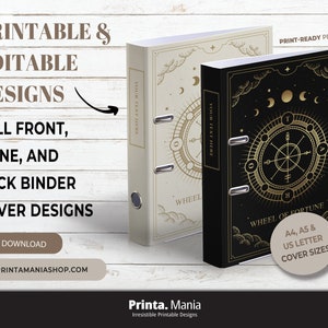 Tarocchi, Fasi lunari, Ruota dello zodiaco, Raccoglitore astrologico, Strega/Copertina raccoglitore personalizzata e dorsi modificabili stampabili/3 dimensioni, 5 dorsi