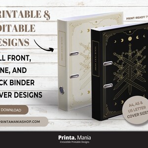 Könnte beinhalten: Zwei Ordner mit druckbaren und bearbeitbaren Designs. Ein Ordner ist cremefarben mit goldenen Akzenten, der andere ist schwarz mit goldenen Akzenten. Die Ordner zeigen Schwerter- und Mond-Designs. Text beinhaltet "Printable & Editable Designs" und "Full Front, Spine, and Back Binder Cover Designs."