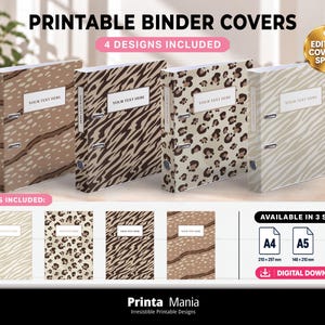 May include: Four printable binder covers with animal print patterns including zebra, leopard, and abstract spots. Each cover features a white rectangular label with the text YOUR TEXT HERE. Includes editable covers and spines in A4, A5, and US Letter sizes.