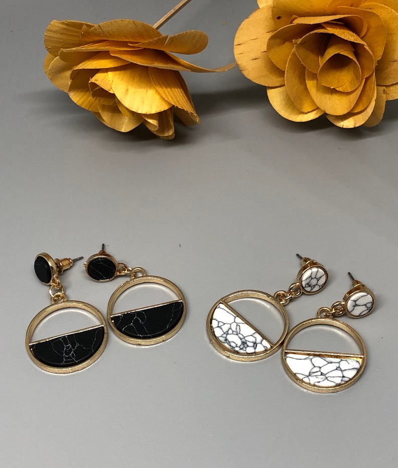Dark Brown Marble Moon Earrings