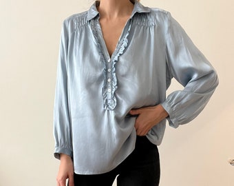 Vintage baby blue silk ruffle shirt