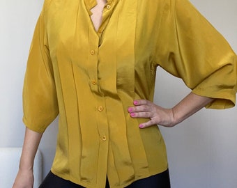 Vintage pleated silk shirt golden yellow