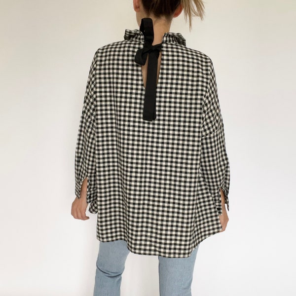 Vintage black and white checkered bow shirt