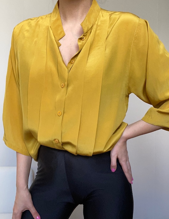 Vintage pleated silk shirt golden yellow