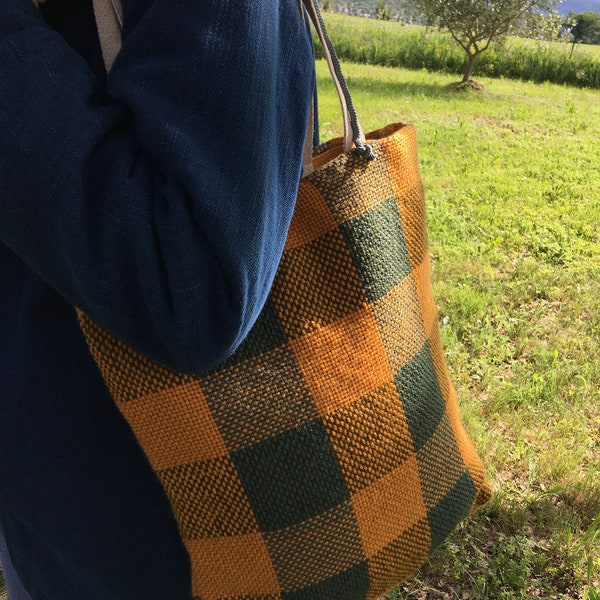 Sac en tissage, porté épaule, rayé ou écossais jaune et vert, poche intérieure