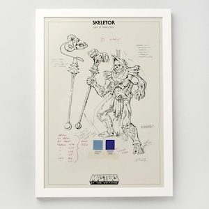 May include: Black and white line art illustration of Skeletor, a character from the Masters of the Universe franchise. The illustration includes a colour chart with Pantone colours 5500 and 266. The text "Skeletor, Lord of Destruction" and "D Man" are included in the image.
