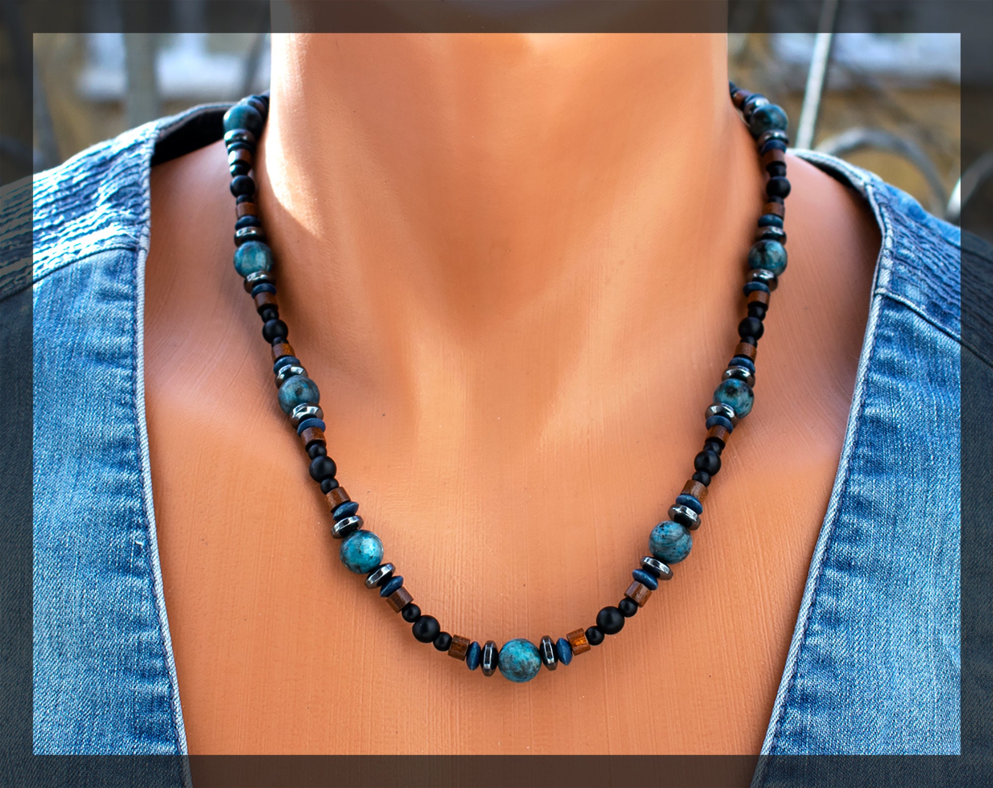 Blue labradorite necklace Blue necklace for men Mens beaded Etsy