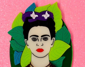 WEARABLE ART - FRIDA with leaves Acrylic Brooch