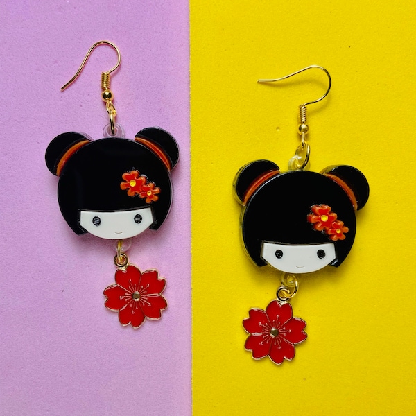 MAKOKOT LIGHT - Kokeshi Doll EARRINGS + Sakura Charm