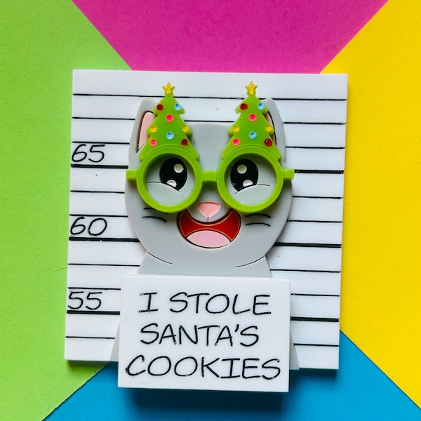 MEOWY CHRISTMAS Collection - “ I Stole Santa's Cookies" Grey Cat Acrylic Brooch