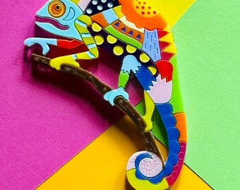 MEXICAN FOLK ART Collection - Alebrije Chameleon Acrylic Brooch