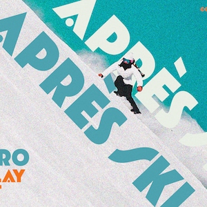Puede incluir: Un diseño de fuente de estilo retro con el texto "Apres Ski" en blanco y azul turquesa. El texto se coloca sobre un fondo azul turquesa con una ladera nevada blanca y un esquiador en el fondo.