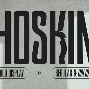 May include: A bold, black font called "Hoskin" with the text "Bold Display" and "Regular & Oblique" in smaller text below.