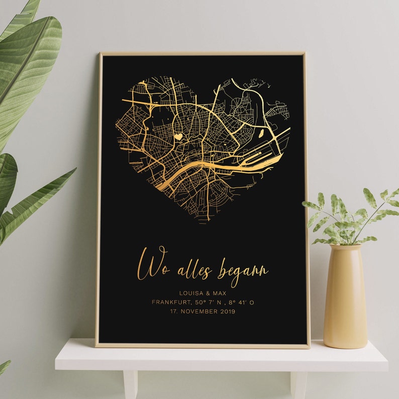 Personalisiertes Poster Wo alles begann, Gold, Herz, Geschenk für Ihn Sie, Jahrestag