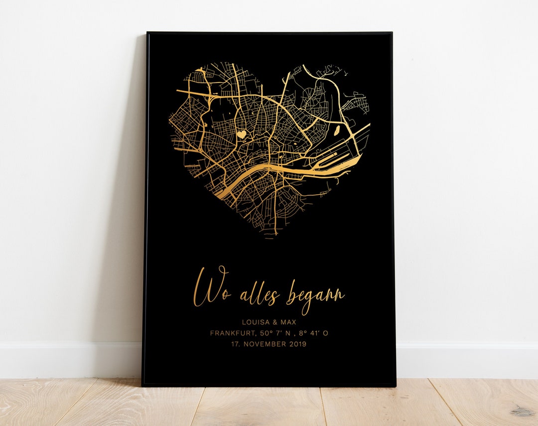 Personalisiertes Poster Wo alles begann, Gold, Herz, Geschenk für Ihn Sie, Jahrestag