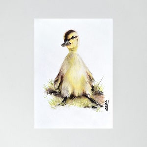 Dessin de caneton assis, original aux crayons