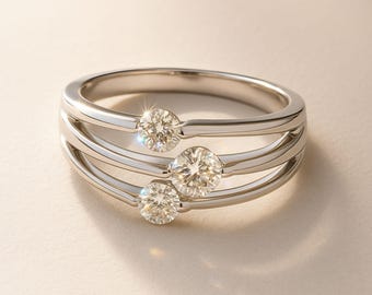 Three Stone Diamond Ring | 14K White Gold Modern Minimalist Ring | Triple Band Illusion Design