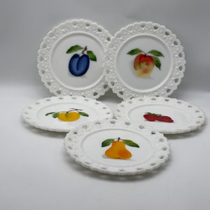 Vintage White Milk Glass Hand Painted 7” Plates