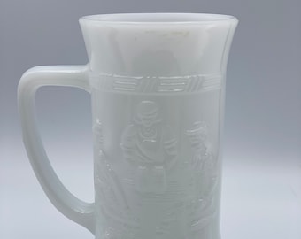 Vintage White Milk Glass 6” Tall Beer Stein Mug Tavern Scene