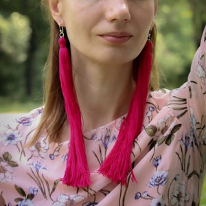 Pink Tassel Earrings: 10-inch Extra Long Statement Drop Earrings