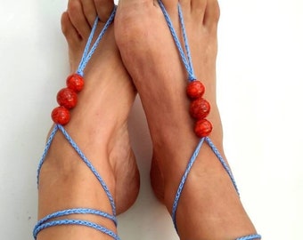 Blue tiny barefoot sandals with orange beads Statement anklets